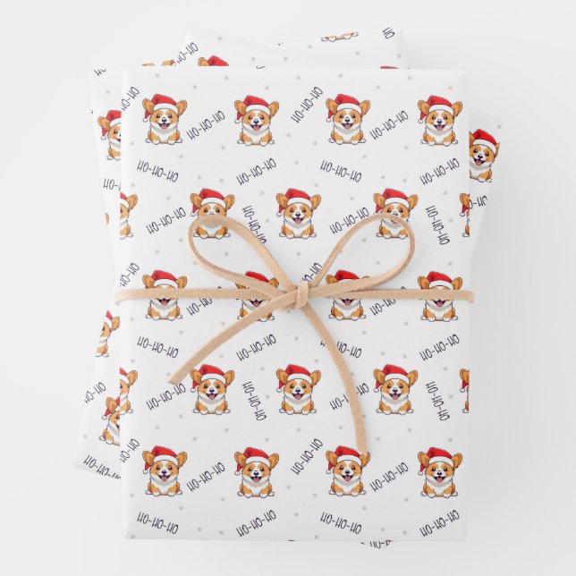 Corgis in Santa Hats Christmas Pattern Wrapping Paper Sheet (In situ)