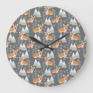 Corgis in the Mountains and Forest Pattern Large Clock