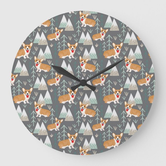 Corgis in the Mountains and Forest Pattern Large Clock (Front)