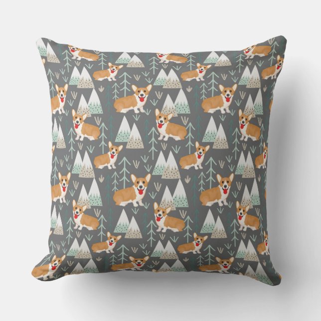 Corgis in the Mountains and Forest Pattern Throw Pillow (Front)