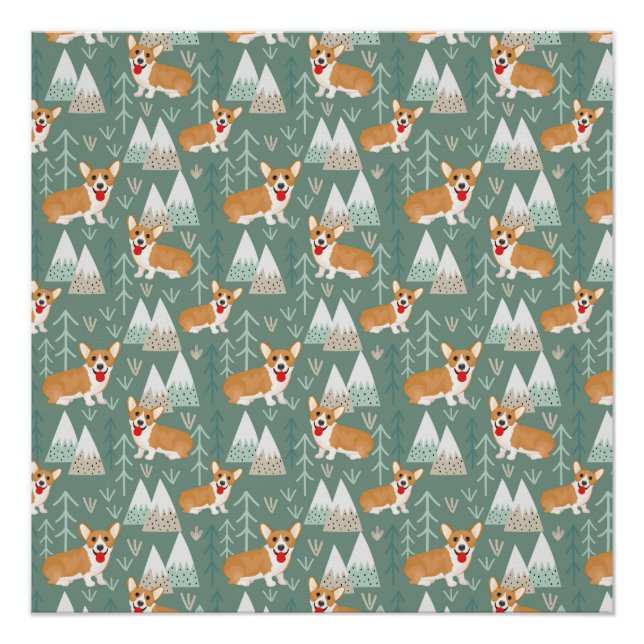 Corgis in the Mountains Forest Pattern Poster (Front)