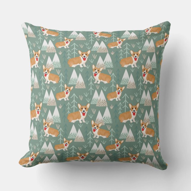 Corgis in the Mountains Forest Pattern Throw Pillow (Front)