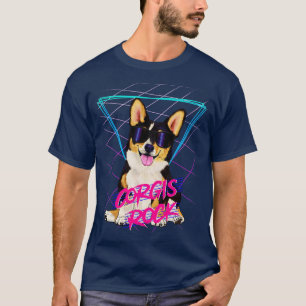 Corgis rock Tricolor corgi with sunglasses and 80s T-Shirt