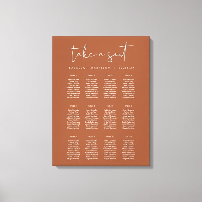 CORIANDER Boho Terracotta Rust Seating Chart Canvas Print (Front)