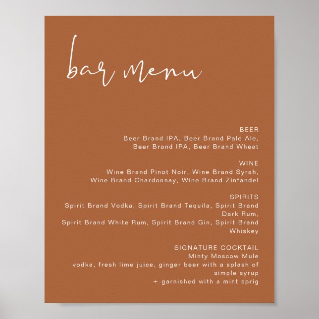 CORIANDER Terracotta Mariage Bar Menu Poster (Devant)