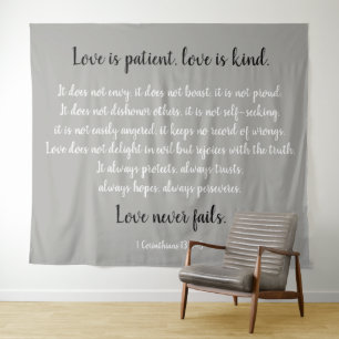 Corinthians Verse, Love is Patient (B&W on grey) Tapestry