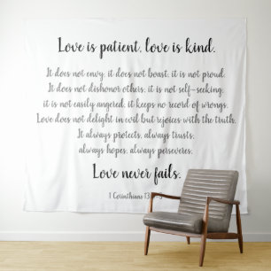 Corinthians Verse, Love is Patient (black on white Tapestry