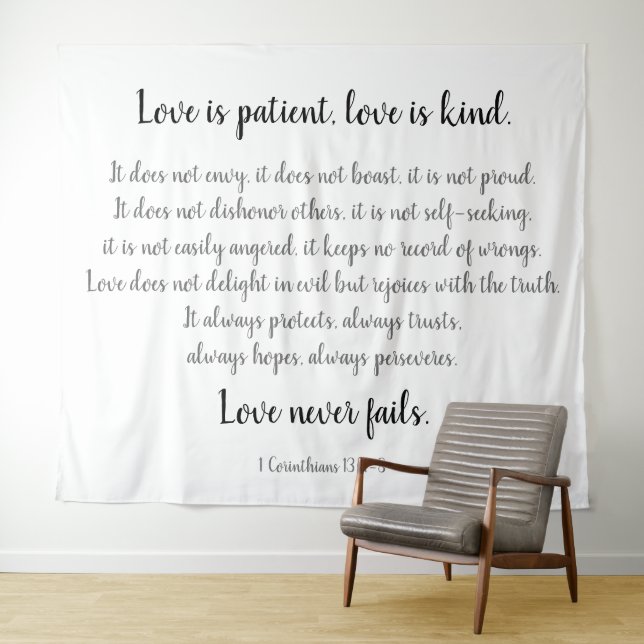 Corinthians Verse, Love is Patient (black on white Tapestry (In Situ (Horizontal))
