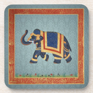 Cork Coaster blue grey gold Elephant print