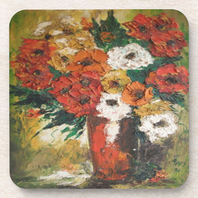 Cork Coaster Set Ann Hayes Red Flowers Mixed (Front)