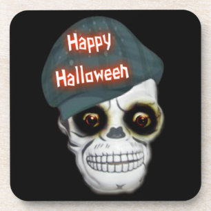 Cork Coaster Set Skeleton Head Happy Halloween