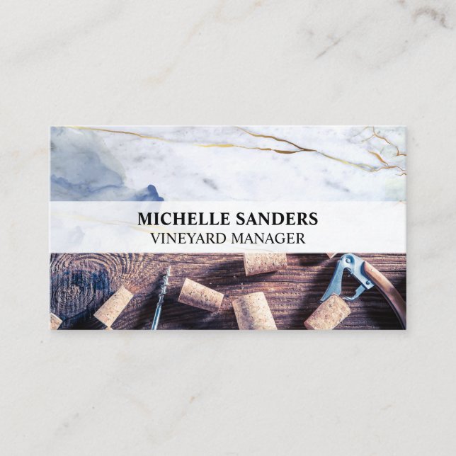 Corks and Wine Openers on Wooden Table | Marble Business Card (Front)