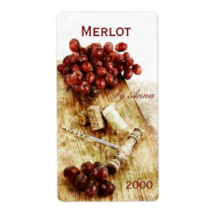 corks, corkscrew and grapes wine bottle label
