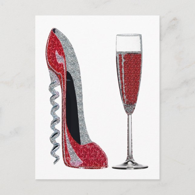 Corkscrew Heel Red Stiletto and Champagne Glass Postcard (Front)