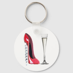 Corkscrew Heel Red Stiletto Shoe Champagne Flute Keychain