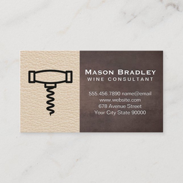 Corkscrew Icon | Brown Texture Leather Background Business Card (Front)