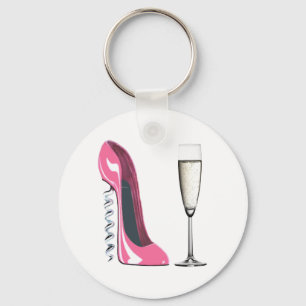Corkscrew Pink Stiletto Shoe and Champagne Glass Keychain