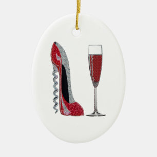Corkscrew Red Stiletto and Champagne Glass Art Ceramic Ornament