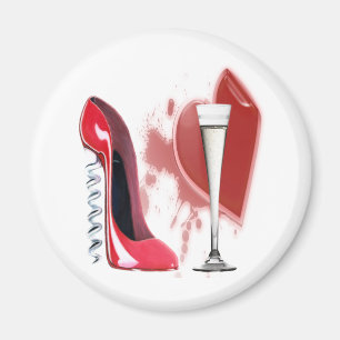 Corkscrew Red Stiletto Shoe, Champagne and Heart Magnet