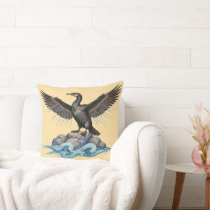 Cormorant on the Rocks Throw Pillow