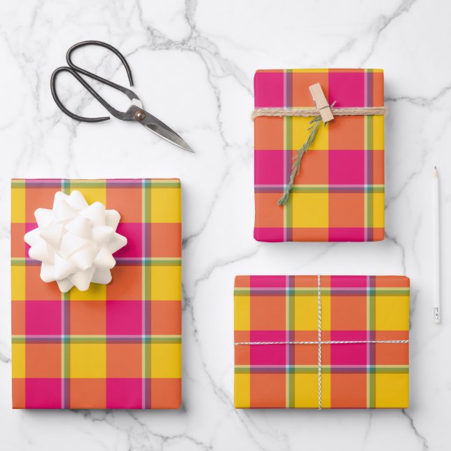 Corn and Razzmatazz Plaid Yellow Pink Wrapping Paper Sheet (Front)