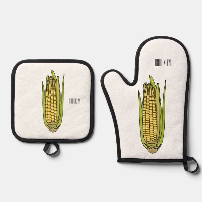 Corn cartoon illustration  oven mitt & pot holder set (Front)