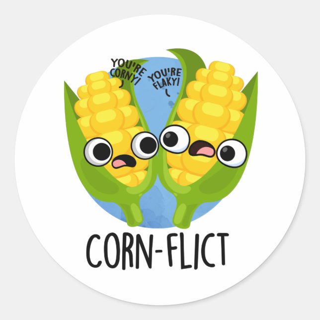 Corn-flict Funny Corn Pun  Classic Round Sticker (Front)