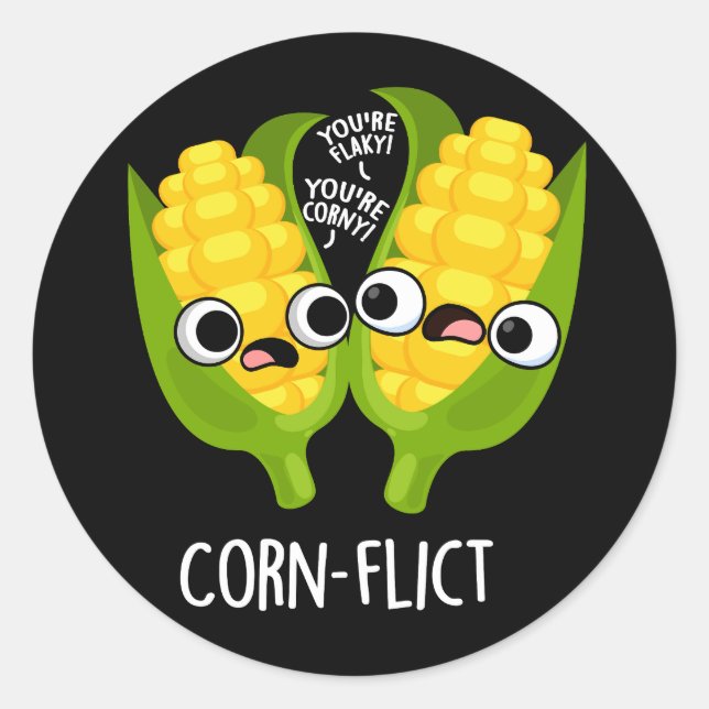 Corn-flict Funny Corn Pun Dark BG Classic Round Sticker (Front)