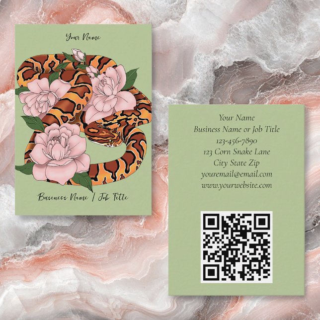 Corn Snake Pink Flowers Green Business Card (Creator Uploaded)