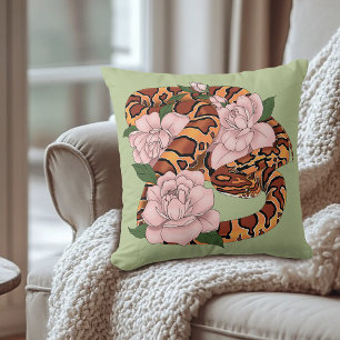 Corn Snake Pink Flowers Green Throw Pillow