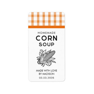 Corn soup label with cob and chequered pattern