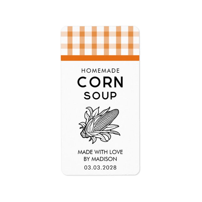 Corn soup label with cob and chequered pattern (Front)