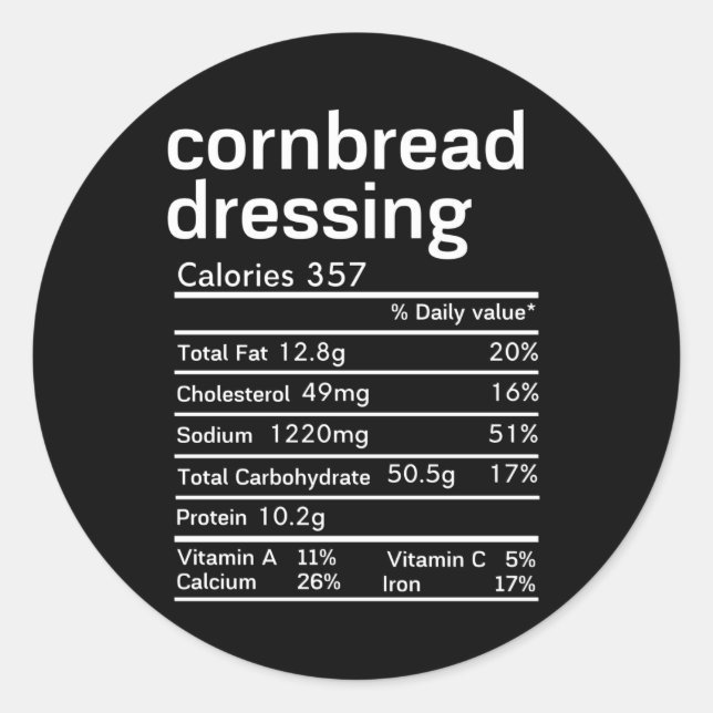 cornbread dressing Nutrition Facts Thanksgiving Classic Round Sticker (Front)