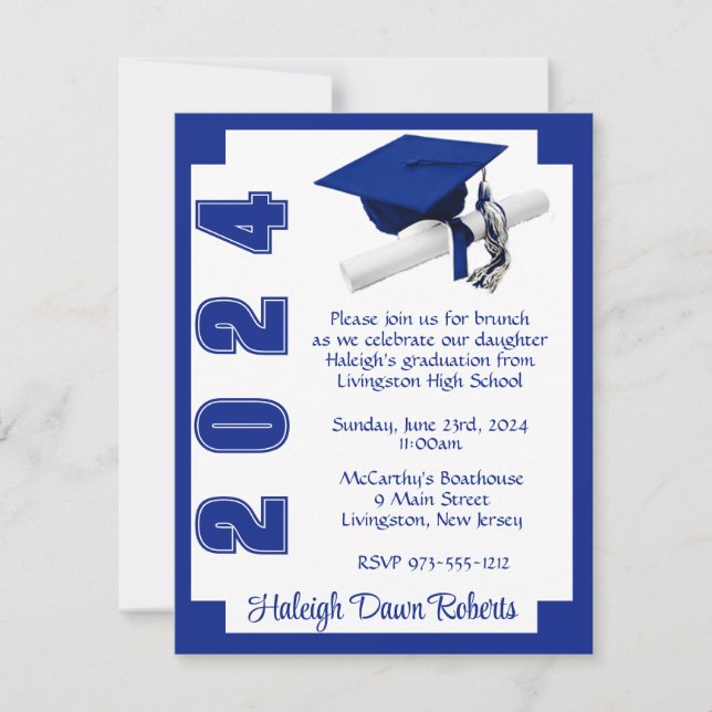 Corner Block Royal Blue & White Graduation Invitation (Front)