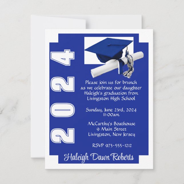 Corner Block Royal Blue & White Graduation Invitation (Front)