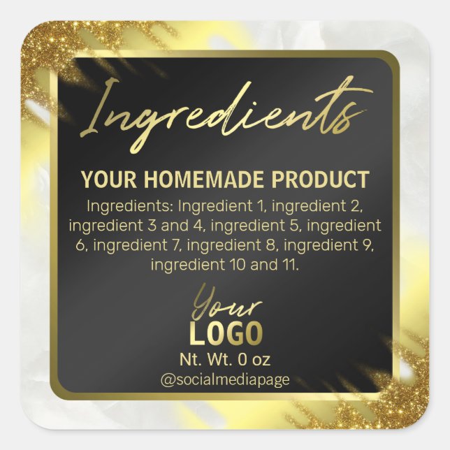 Corner Glitter Black And Gold Ingredient Labels (Front)