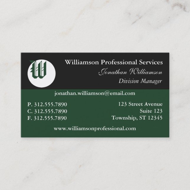 Corner Monogram Green Business Cards (Front)