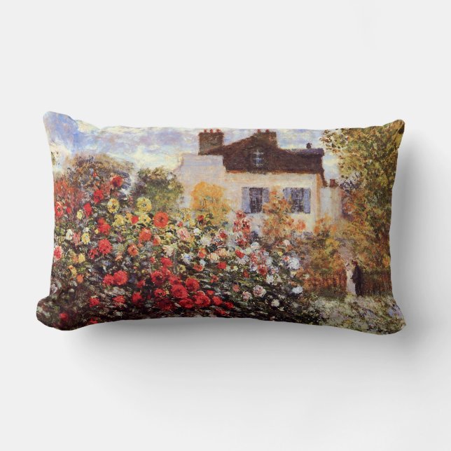 Corner of the Garden with Dahlias Monet Fine Art Lumbar Pillow (Front)