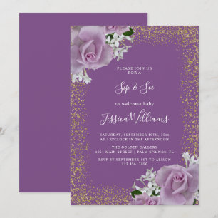 Corner Roses, Gold Glitter Sip & See Party Invitation