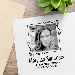 Corner Swirls Square Frame Custom Photo Address Rubber Stamp