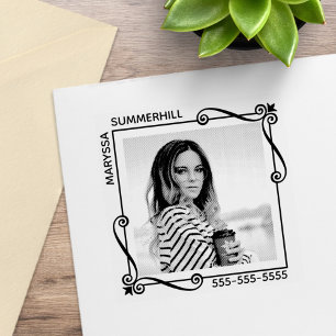 Corner Swirls Square Frame Custom Photo Text Rubber Stamp