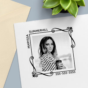 Corner Swirls Square Frame Custom Photo Text Self-inking Stamp