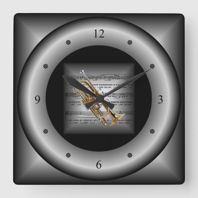 Cornet ~ 3D Sheet Music ~ Pillow Silver/Black BacK Square Wall Clock (Front)
