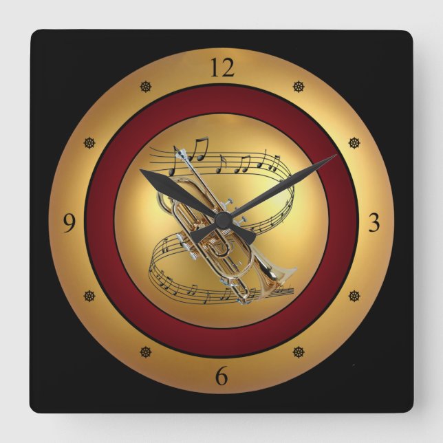 Cornet~Musical Scroll~Gold/Maroon/Black Background Square Wall Clock (Front)