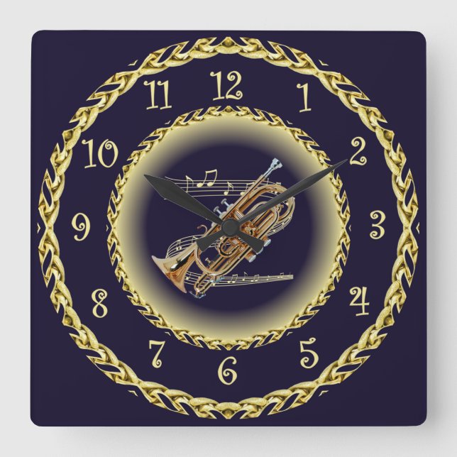 Cornet ~ Musical Scroll ~ Gold/Navy Blue ~  Square Wall Clock (Front)