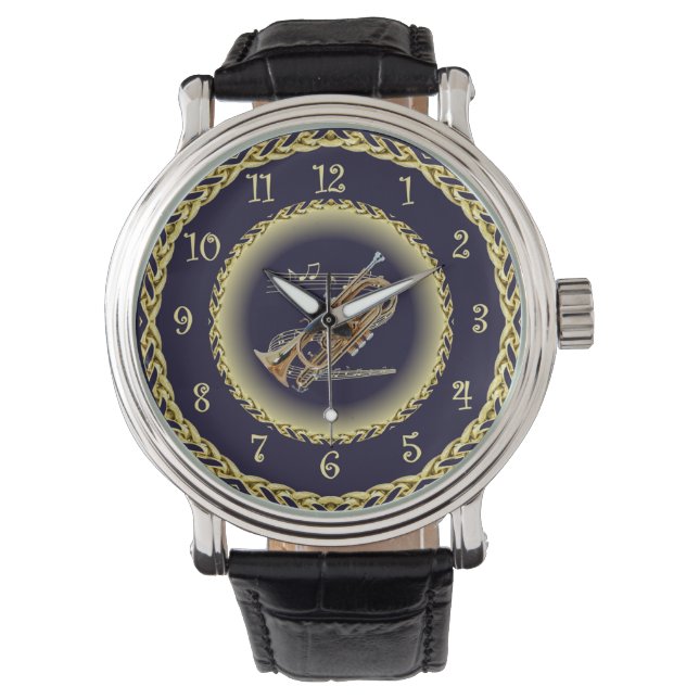 Cornet ~ Musical Scroll ~ Gold/Navy Blue ~  Watch (Front)