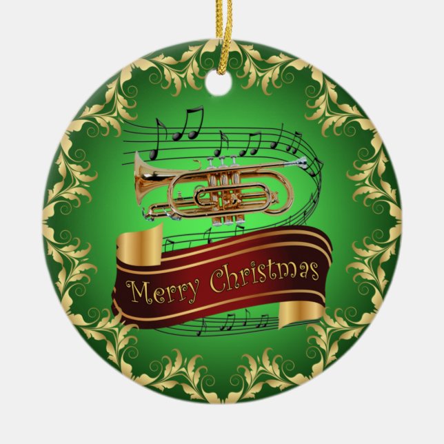 Cornet ~ Musical Scroll ~ Merry Christmas ~ * ~  Ceramic Ornament (Front)