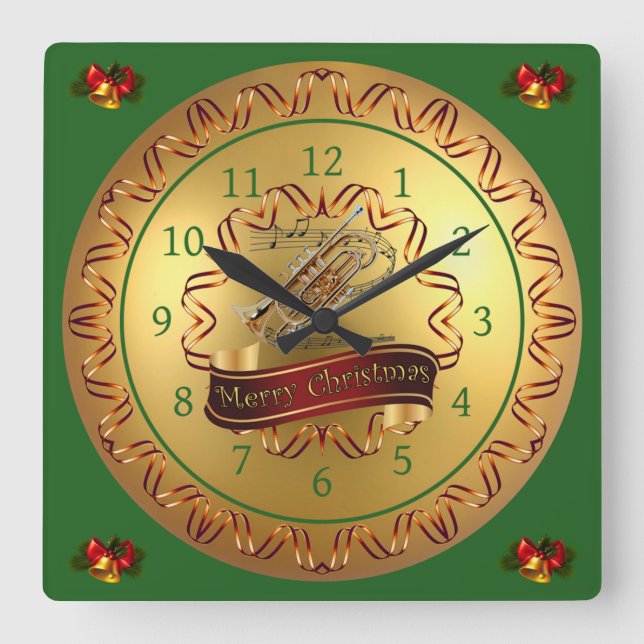Cornet ~ Musical Scroll ~ “Merry Christmas”  Square Wall Clock (Front)
