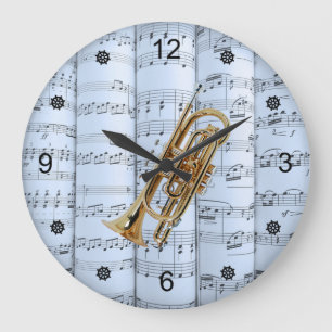Cornet ~ Rolled Sheet Music ~ Blue Tint Background Large Clock