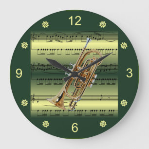 Cornet~Rolled Sheet Music~Gold/Green Background~ Large Clock